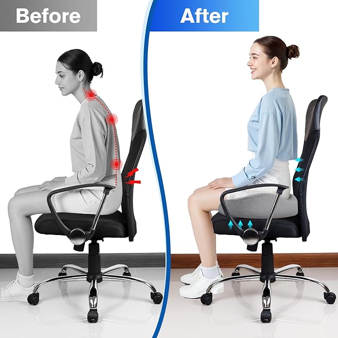 Seat Cushion, Chair Cushions, Office Chair Cushions, Anti-Slip Bottom & Removable Cover Tailbone Pain Relief Cushion, Memory Foam Seat Cushion for Office, Wheelchair, Car (Light Grey)