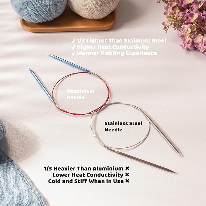 Ruidi Interchangeable Aluminum Circular Knitting Needles Set - 13 Pairs of 4 Inch (10cm) Needles with 4 Cables, Needle Holders & Leather Bag - Perfect for Smooth Knitting & Versatile Projects