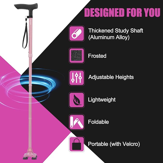 Walking Canes for Women Fashionable with Extended and Thickened Handle. Foldable; Adjustable; Collapsible; Quad Cane for Men for Stability Balance (Basic & Pink)