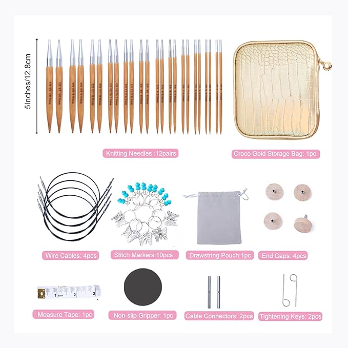Holamulta Bamboo Interchangeable Circular Knitting Needles Set - 12 Sizes (US 4-15)