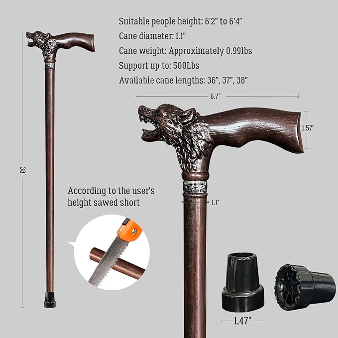 Walking Cane Dedicated Sizes with Hand-Carved Wooden Walking Cane for Men and Women Support up to 500 lbs, All-Day Comfort Ergonomic Canes for Seniors Daily Walking and Outdoor Strolls