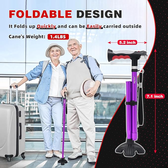 BigAlex Folding Walking Cane with Two Led Lights for Elderly Solid Base Adjustable Walking Stick with Carrying Bag for Men Women