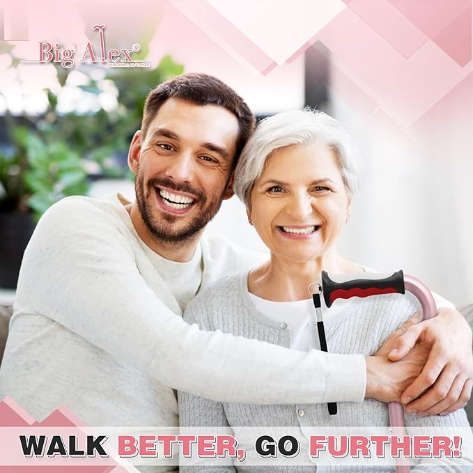 BigAlex Quad Cane, Foldable Adjustable Walking Cane for Men & Women with Stable 4-Pronged Base for Extra Stability & Balance, Heavy Duty, Lightweight, Soft Offset Handle Stick for Seniors & Elderly