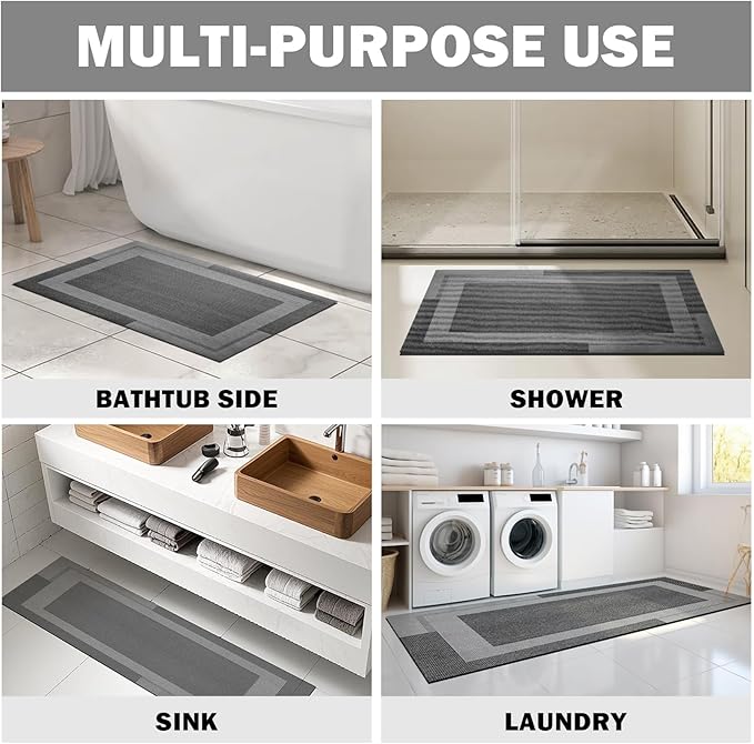 Non Slip Long Bath Mat Bathroom Runner, Rubber Backing Ultra Thin Bathroom Rugs Fit Under Door Quick Dry Super Absorbent Washable Bath Rug Shower Mat for Bathtub Sink Floor, Dark Gray 17"x47"