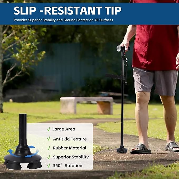 Cane Hero Walking Cane, Ready Walker Cane with Light and Alarm, Smart Walking Cane for Women, Adjustable Suitable for Arthritis Disabled and Elderly, with Cushioned T Handle and Swivel Four Pedestal