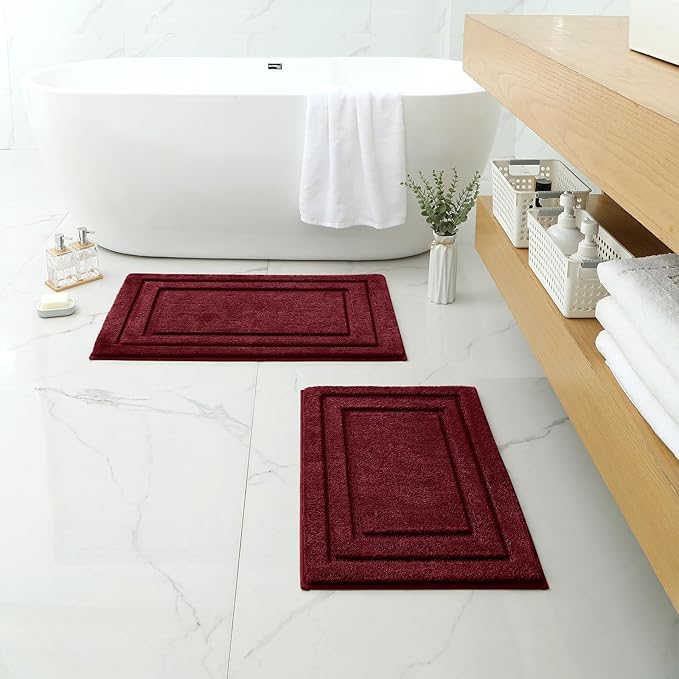 HOMEIDEAS Bathroom Rugs Sets 2 Piece, Super Soft and Absorbent Non Slip Microfiber Machine Washable Bath Mat Set (20" x 32" + 16" x 24", Burgundy Red)