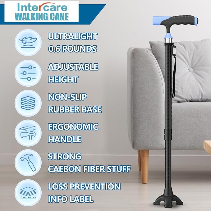 Walking Cane for Men for Stability, Walking Canes with Light,Adjustable Quad Canes for Men with Two Replacement Bases, Ultralight Carbon Fiber Walking Canes for Seniors Balance,Only 0.3kg