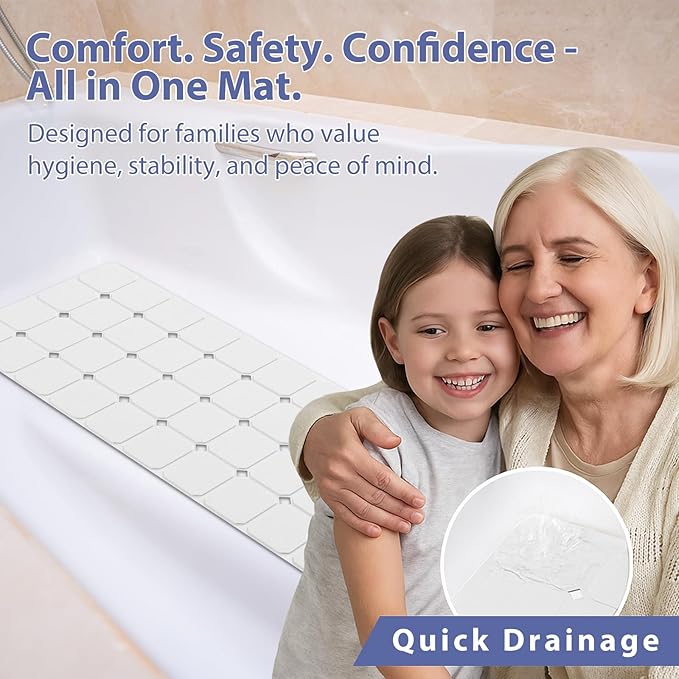 Bathtub Mat Non Slip Silicone Foldable Extra Long Tub Mat Strong Suction Cups & Large Drain Holes, Durable,Machine Washable for Smooth Surfaces Shower Mat, Ideal for Families Beige,15"x40" White