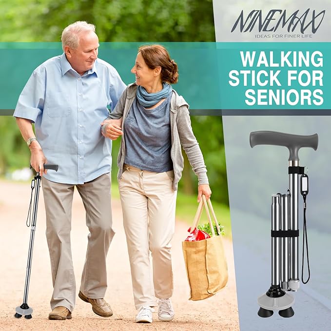 NINEMAX Walking Cane for Men Women Seniors, Foldable Collapsible Adjustable Free Standing T Handle Walking Stick, Lightweight Sturdy Folding Cane Portable for Stable and Balance