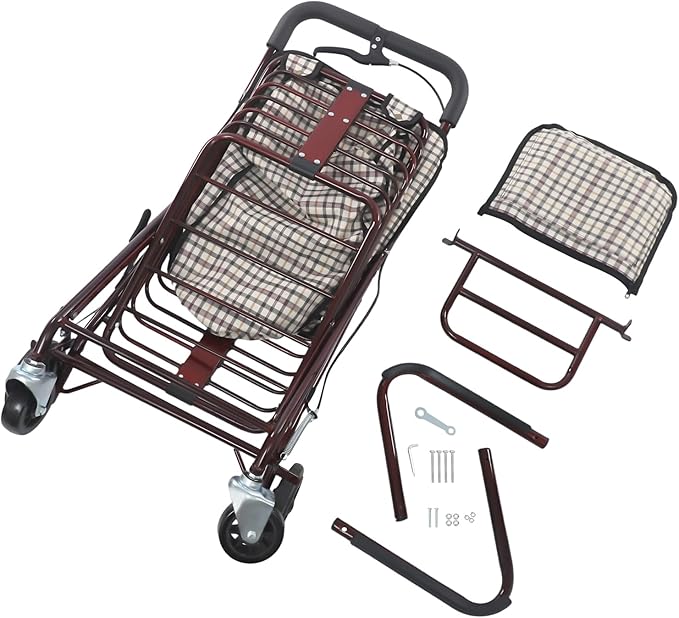 Wine Red Foldable Shopping Cart with Seat & Handbrake, 220lb Capacity, 55lb Basket, 4-Wheel Senior Rollator for Groceries