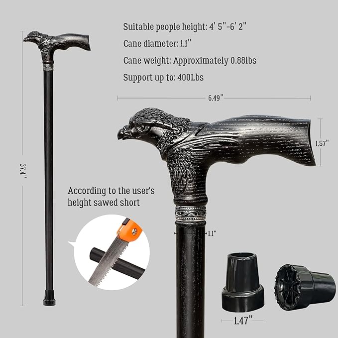 Hand Carved Wooden Walking Cane USA Made Eagle Carved Ergonomic Elegant Wood Canes for Men and Women Support up to 400 lbs Provide Stable Canes for Seniors for Daily Use and Gift Giving