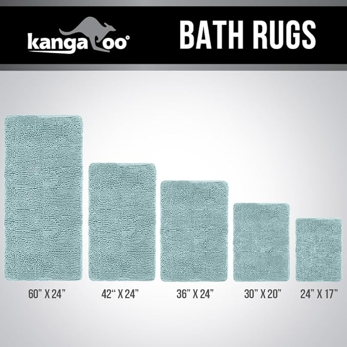 KANGAROO Bathroom Rugs, Chenille Soft Absorbent Bath Rug, Shaggy Shower Mat, Quick Dry Machine Wash Bathmat, Plush Carpet Mats for Tub, Bathtub and Room Home Decor Accessories, 36x24, Seafoam