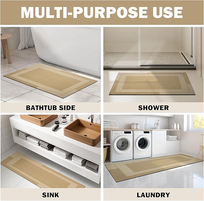 Non Slip Long Bathroom Runner Rug Bath Mat, Rubber Backing Ultra Thin Bathroom Rugs Fit Under Door Quick Dry Super Absorbent Washable Shower Mat for Bathtub Sink Floor, Brown 17"x59"