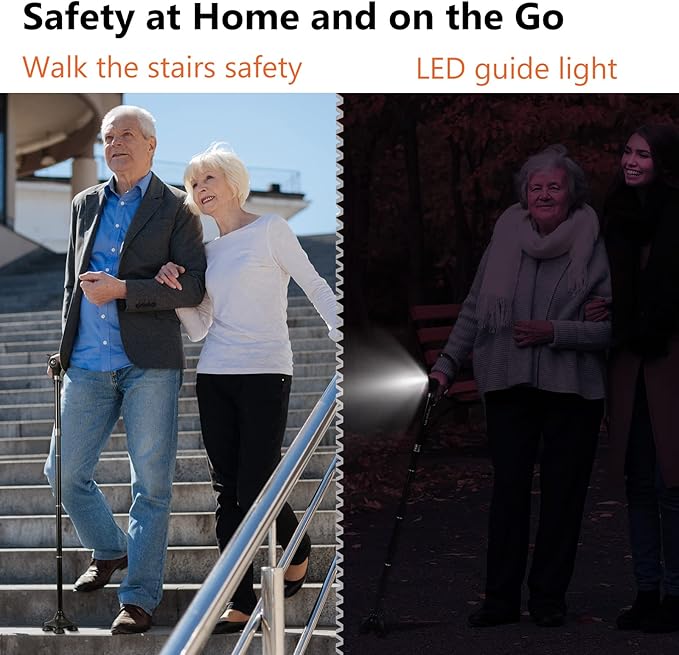 Folding Walking Cane with LED Light for Women & Men - Foldable, Adjustable, Collapsible Lightweight Aluminum Walking Stick for Seniors & Adults