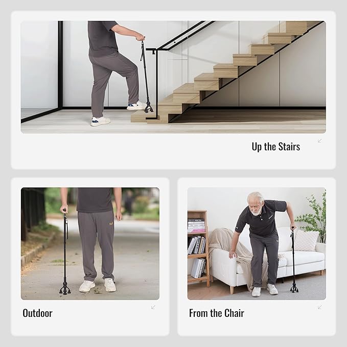 Careboda Foldable Walking Cane, Walking Cane with Adjustable Height, Folding Cane with T-Handle, Free Standing Cane for Seniors & Adults, Mobility and Daily Living Aids, Supports up to 300 lbs, Black