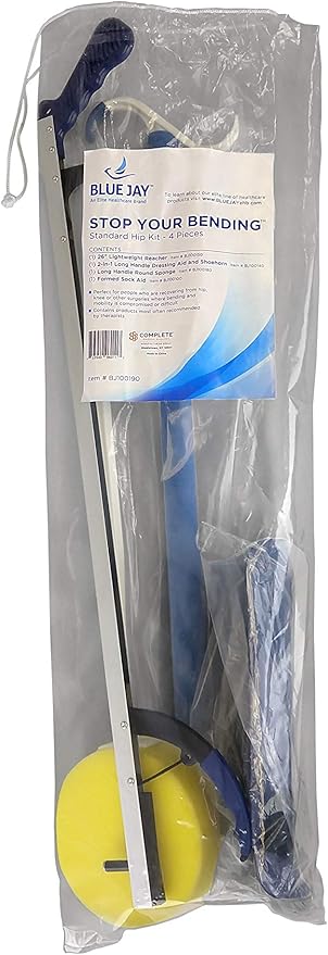 Blue Jay An Elite Healthcare Brand Bending Hip Kit 4 Piece Combo Pack Include 26 inch Reacher | Sock Aid with Foam Handles and Dressing Stick | Plastic Shoehorn for Surgery Recovery - 24 Inches
