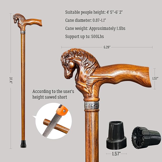 Wood Walking Cane, Elegant Hand-Carved Horse Head Wooden Walking Cane for Men and Women, Handmade Stylish Canes for Seniors, Light Stable High-end Canes Suitable for Gift Giving