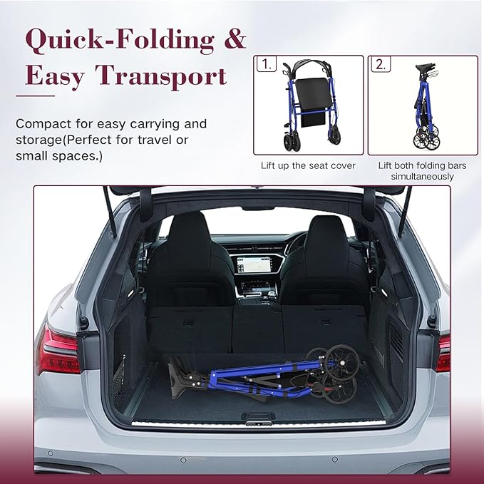 Walkers for Seniors, Foldable Rollator Walker with Seat, 8" Big Wheels, Lightweight Rollator Walker with Ergonomic Backrest, Adjustable Handles and Seat Height, 310 Lbs Weight Capacity, Blue