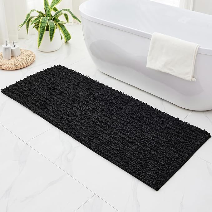 Bathroom Runner Rug 24x60 Non Slip Washable Long Bath Mat for Tub Thick Soft Absorbent Bathroom Floor Mat Large Chenille Bath Rug for Shower, Black