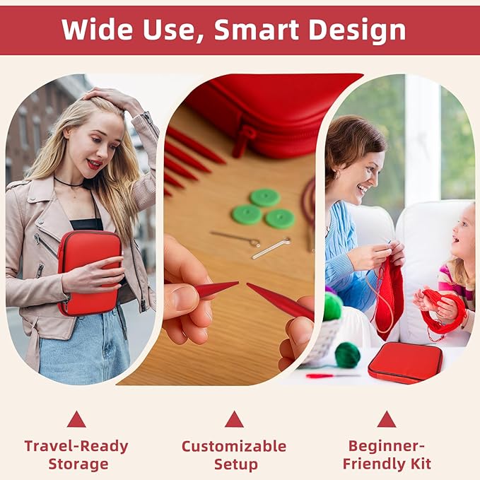 Interchangeable Circular Knitting Needles Set, 13 Pairs (26pcs) Matte Red Aluminum Knitting Needles Kit, Sizes 3.0mm–10.0mm, Knitting Needle Case & Accessories for Knitting Beginners & Advanced