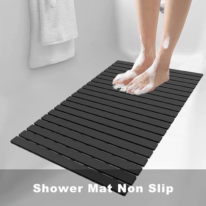 MBOSS Bath Tub Shower Mat Non Slip Bathtub Mats for Bathroom Shower Floor Mat Bath Mats for Shower Tub Anti Slip Shower Mat with Drain Hole and Large Suction Cups (Black, 27.5 X 15.7 Inch)