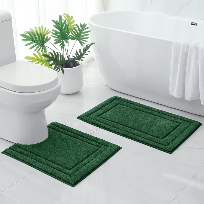 HOMEIDEAS Bathroom Rugs Sets 2 Piece, Super Soft and Absorbent Non Slip Microfiber U-Shaped Toilet Bath Mat Set (20"x32"+U20 x24, Dark Green)