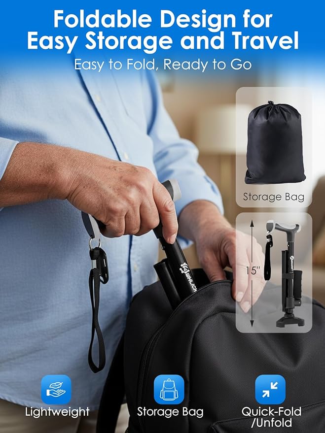 Adjustable Walking Cane for Women & Men for Stability, Self Standing Cane with Second Handle for Standing, 350lbs Heavy Duty Foldable Collapsible Folding Cane, Walking Sticks for Seniors & Adult