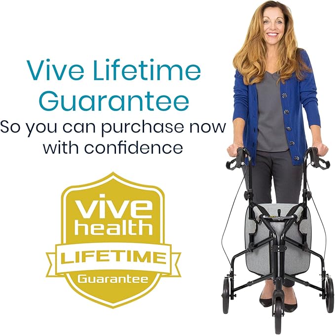 Vive Mobility 3 Wheel Walker - Three Wheeled Rollator for Seniors - Lightweight, Foldable, Narrow, Heavy Duty - for Elderly Men Women - Folding 3-Wheel Tri Scooter with Basket Bag