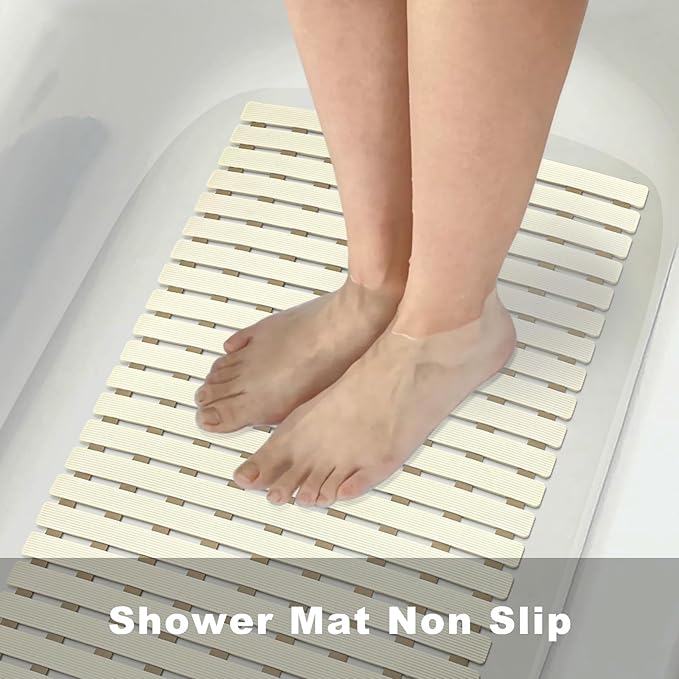 MBOSS Bath Tub Shower Mat Non Slip Bathtub Mats for Bathroom Shower Floor Mat Bath Mats for Shower Tub Anti Slip Shower Mat with Drain Hole and Large Suction Cups (Ivory White, 37.5 X 15.7 Inch)