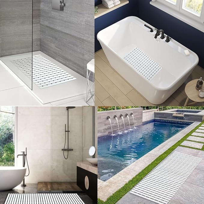 Bath Mat Non Slip Shower Mat Bathtub with Drain Holes and Heavy Duty Rubber No Suction Cups Sturdy Shower Stall Tub Mat for Bathroom, Shower Floor, Pool, SPA, (White, 17"x26")