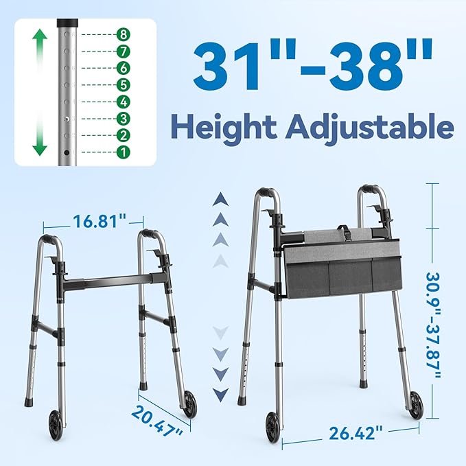 Folding Walker with Basket and Glide Skis, 5" Wheels Lightweight Walkers for Seniors and Adults, Supports Up to 350 Pounds, Adjustable Height, Compact Standard Walker