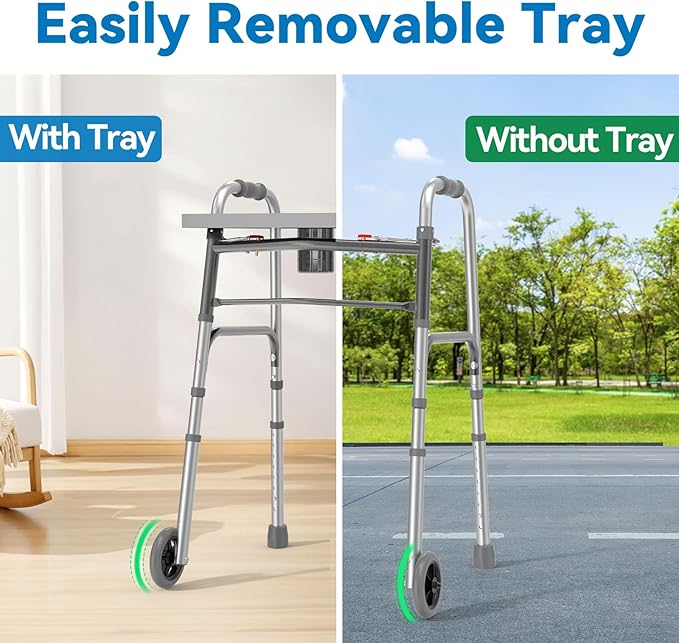 Folding Walker with Tray, 5" Wheels Lightweight Walkers for Seniors and Adults, Supports Up to 350 Pounds, Adjustable Height, Compact Standard Walker, Silver