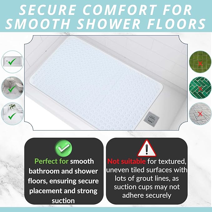 ENKOSI Extra Large Shower Mat Non Slip - 47 x 32 inch - XL Bathroom Shower Mat - Large Shower Matts for Shower Stall Floors - Secure Suction Cups and Drain Holes (47x32 Clear)