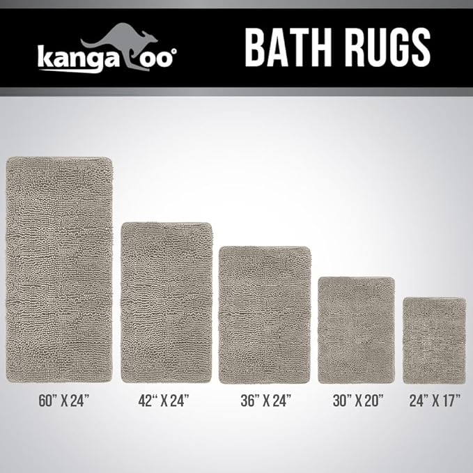 KANGAROO Bathroom Rugs, Chenille Soft Absorbent Bath Rug, Shaggy Shower Mat, Quick Dry Machine Wash Bathmat, Plush Carpet Mats for Tub, Bathtub and Room Home Decor Accessories, 42x24, Beige