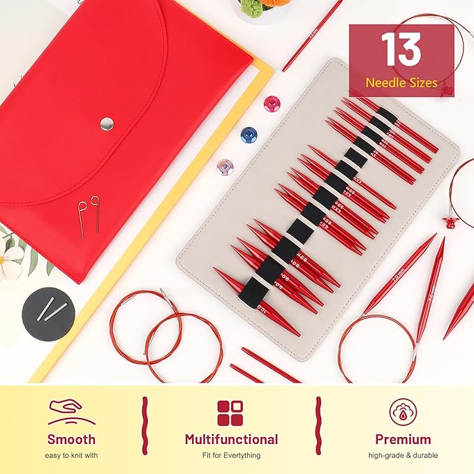Aeelike Interchangeable Knitting Needles,13 Pairs Circular Knitting Needles Set Aluminum (Size 3.0mm-10.0mm) with 4 Cables for Socks Blankets Cushions, Ideal Crochet Gift
