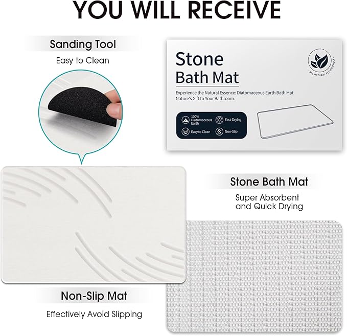 Stone Bath Mat Diatomaceous Earth Shower Mat Super Absorbent Non-Slip Diatomite Stone Bath Mats for Bathroom Floor Quick-Drying Natural Easy to Clean(24 * 16'')
