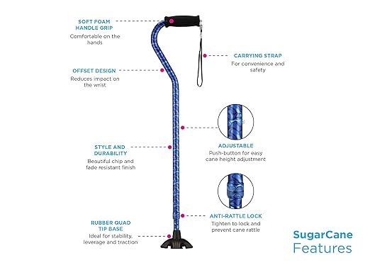 Nova Joy Designer Offset Quad Cane for Seniors - Unisex Adjustable Lightweight Walking Aid with Foam Handle, Wrist Strap and Anti-Rattle Lock - Essential Mobility Support - Purple