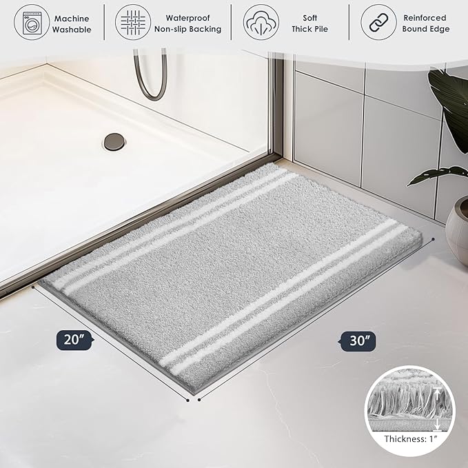 PURRUGS Bathroom Rug Non-Slip Machine Washable 20" x 30", Super Absorbent and Quick Dry Shaggy Microfiber Bath Mat, Extra Soft and Plush Bath Rug for Bathtub, Shower and Sink, Light Grey
