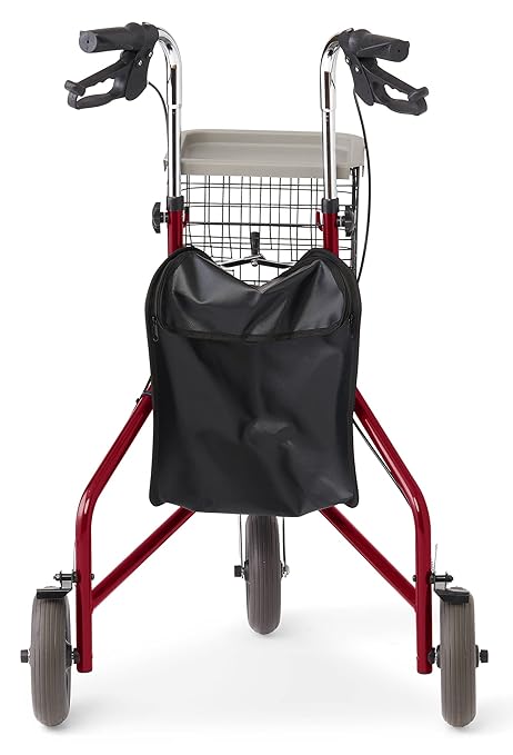 Medline 3-Wheel Ultralight Rollator, Steel Frame, Includes Wire Basket and Storage Bag, Supports up to 275 lbs, 8" Wheels, Burgundy