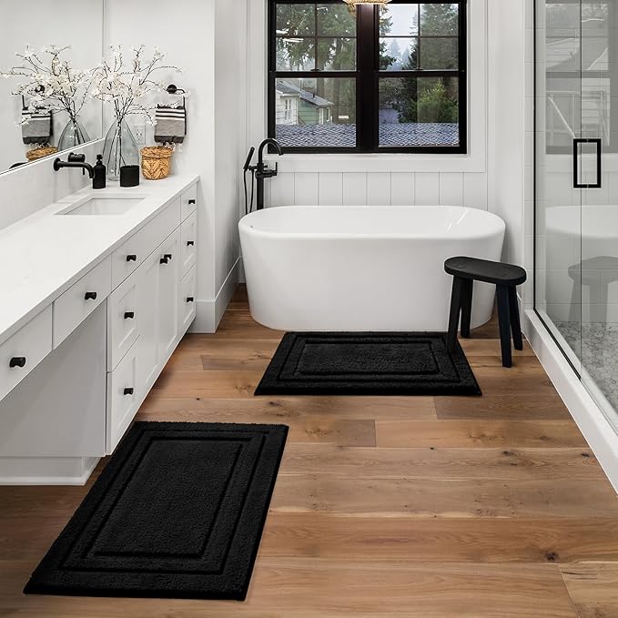 HOMEIDEAS Bathroom Rugs Sets 2 Piece, Super Soft and Absorbent Non Slip Microfiber Machine Washable Bath Mat Set (20" x 32" + 16" x 24", Black)