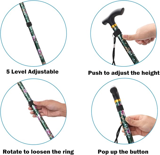 Folding Lightweight Walking Stick - Adjustable Aluminum Metal Collapsible Travel Cane with Non-Slip Rubber Base