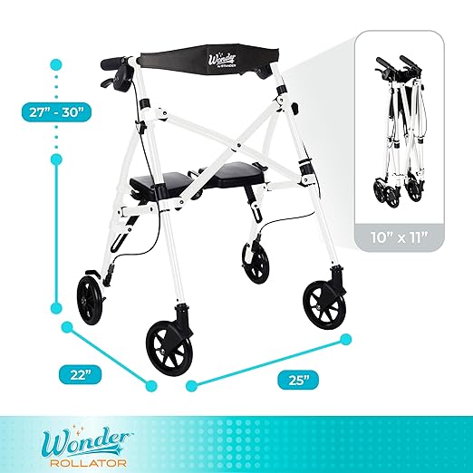 Stander Space Saver Rollator Short, Lightweight Folding Walker with Seat for Juniors & Petite Adults, 4-Wheel Mobility Aid with 6-inch Wheels, Locking Brakes, Padded Seat & Backrest, Vivid White