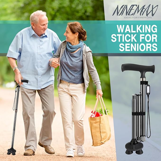 NINEMAX Walking Cane for Men Women Seniors, Foldable Collapsible Adjustable Free Standing T Handle Walking Stick, Lightweight Sturdy Folding Cane Portable for Stable and Balance