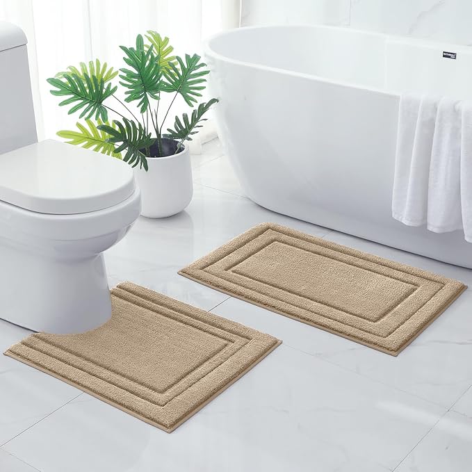 HOMEIDEAS Bathroom Rugs Sets 2 Piece, Super Soft and Absorbent Non Slip Microfiber U-Shaped Toilet Bath Mat Set (20"x32"+U20 x24, Khaki)