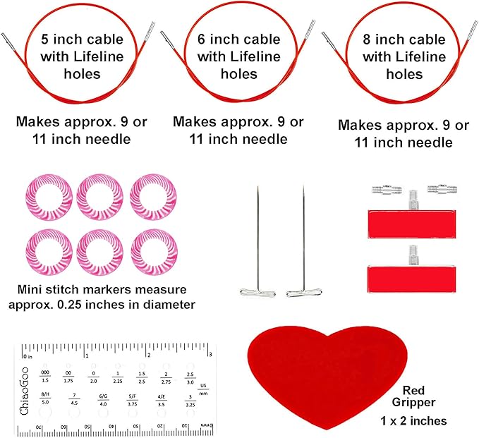 ChiaoGoo Twist Red Lace Shorties 2 & 3-Inch Small Red 7230-M Interchangeable Knitting Needle Set, 12-Pair Sizes US 0, 1, 1.5, 2, 2.5, 3, Stainless Steel, 3 Cords with 1 Project Bag