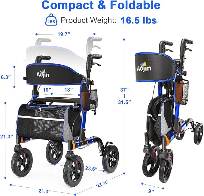 Walkers for Seniors, Rollator Walker with Seat, 350 lb Weight Capacity, 18" Big Seat, 8" All-Terrain Wheels, 6-Level Adjustable Height, Lightweight Aluminum Frame Rollator Walkers for Seniors (Blue)