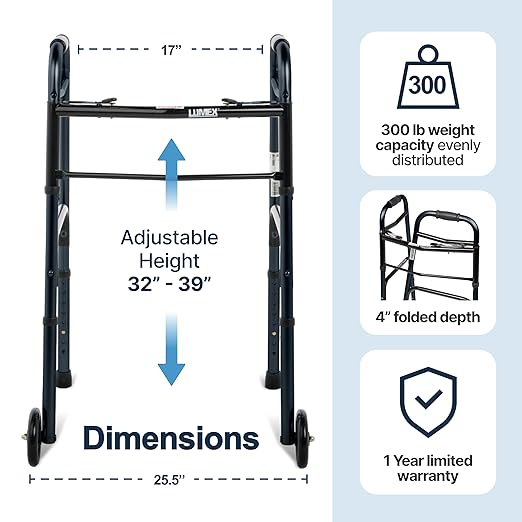 Lumex ColorSelect Walkers for Seniors, Rolling & Folding Adult Walker with Wheels, Black