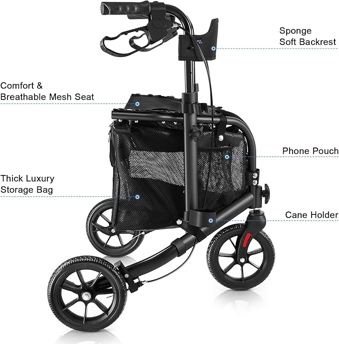 WALK MATE 3 Wheel Rollator Walker with Seat for Slim Seniors, Padded Backrest Lightweight Foldable Walker Ideal for Elderly, 8 Inch Tri-Wheel Modern Mobility Walking Aid Aluminum, Black