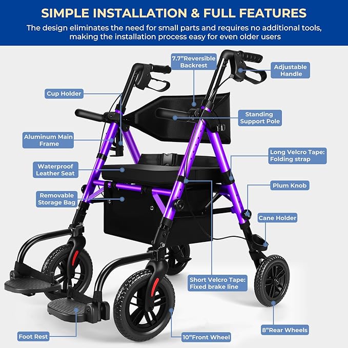 Foldable Rollator Walker for Seniors with Seat, Lightweight 2 in 1 Rolling Walkers Wheelchair Combo for Adult, Transport Chair with Brakes, Adjustable Seat and Handle, 300 Lb. Weight Capacity, Purple