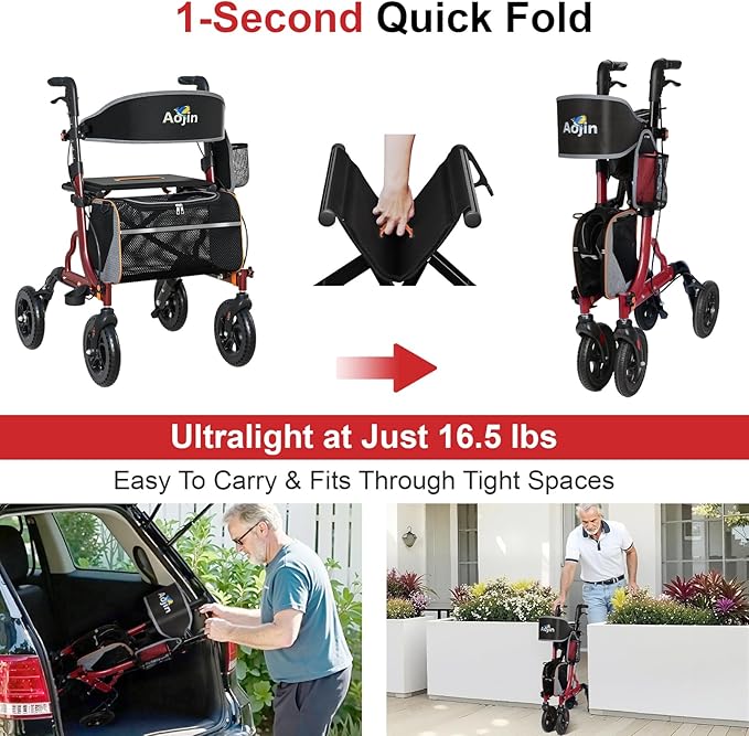 Rollator Walker for Seniors with Seat, Lightweight & Foldable, 8" All-Terrain Wheels, 18" Big Seat, 6-Level Adjustable Height Rolling Walker, 350 lb Capacity, Burgundy